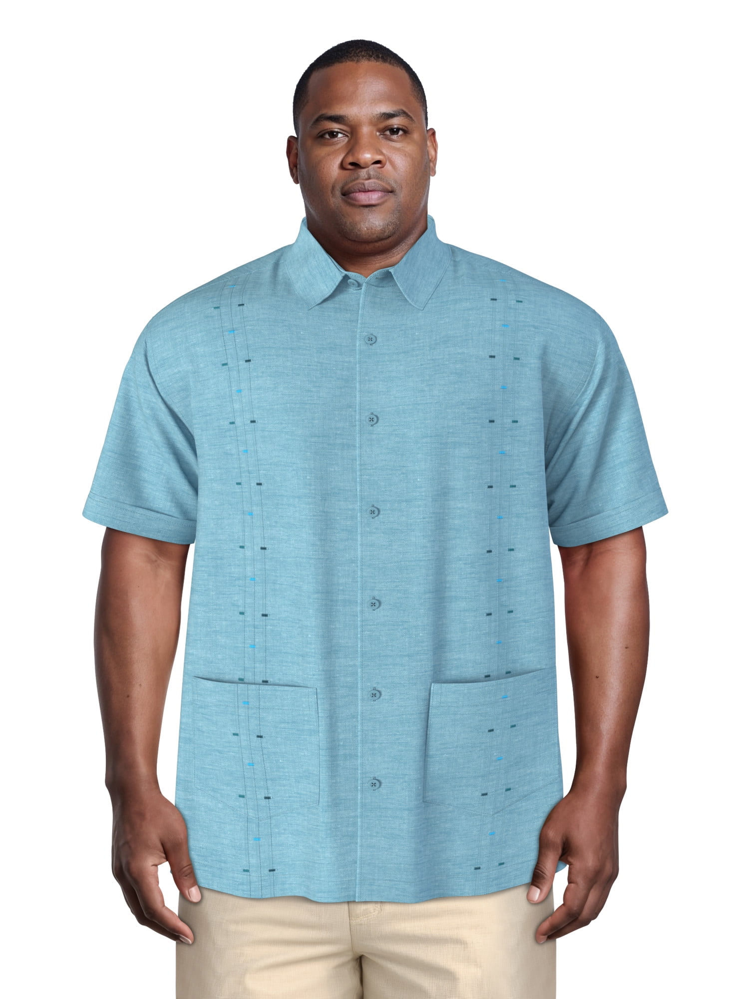 Havanera Men's and Big Men's Tucks and Embroidered Panels Short Sleeve Cotton Linen Button-Down Shirt with Pockets, Sizes S-5XL