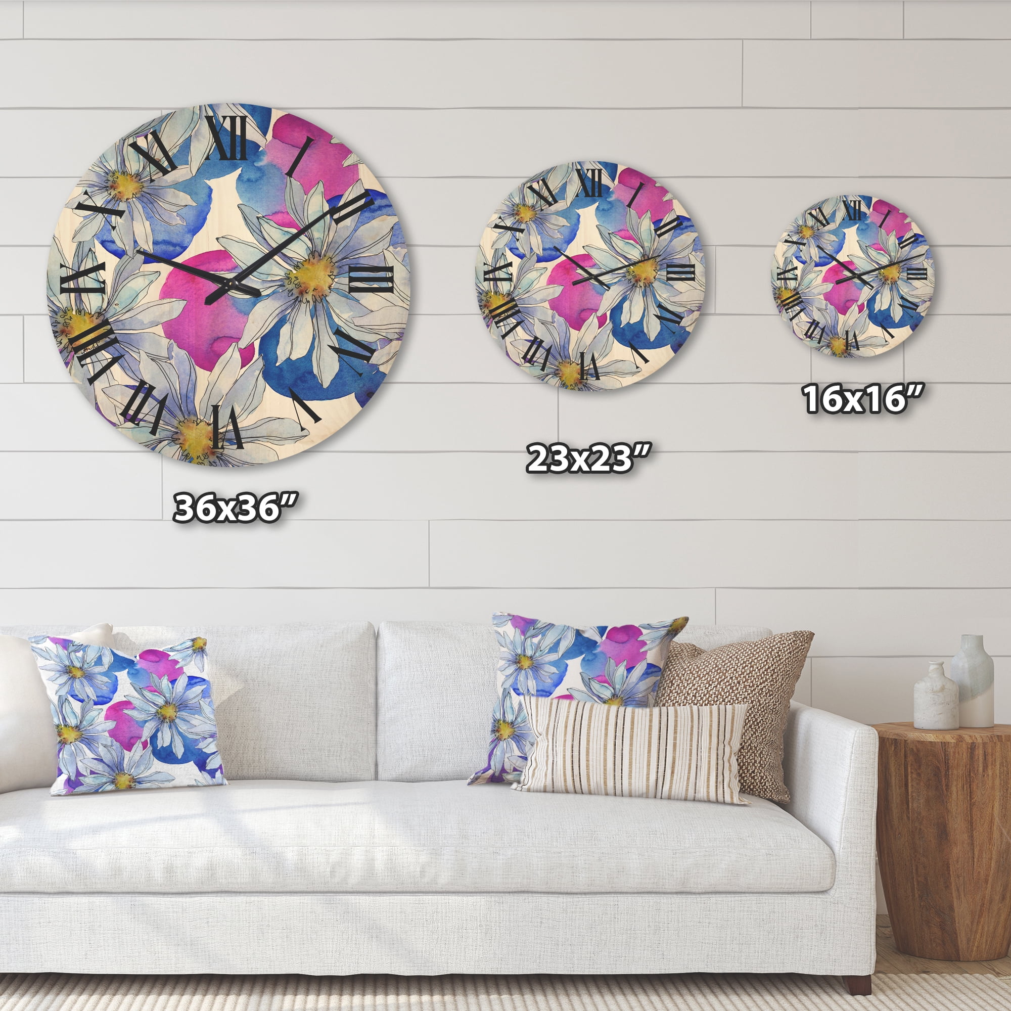 Designart 'Daisies On Red and Blue Backgorund' Traditional Wood Wall Clock