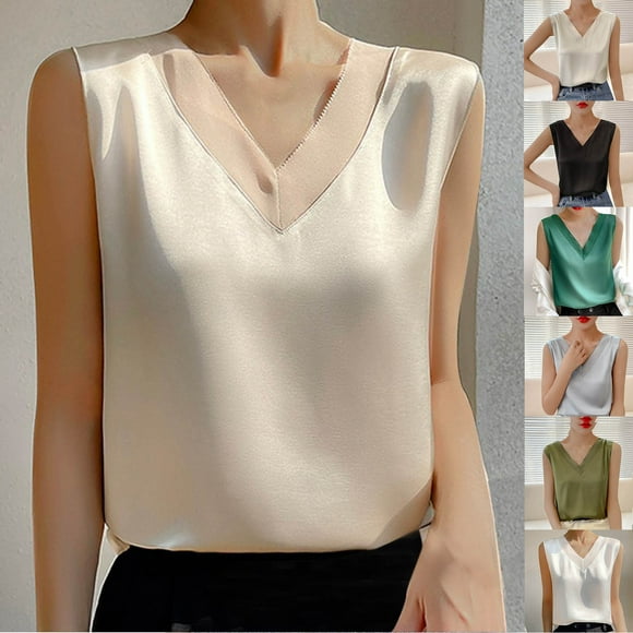 CFLVAEK Satin Tank Tops for Women Plus Size V Neck Shirts Casual Sleeveless Summer Going Out Outfits Solid Color Tank Top White M