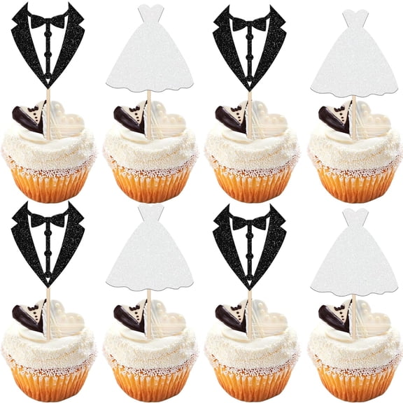 Bride and Groom Cupcake Toppers - Black and White Glitter Wedding Cupcake Picks for Bridal Shower/ Engagement Party Decorations, Pack of 12