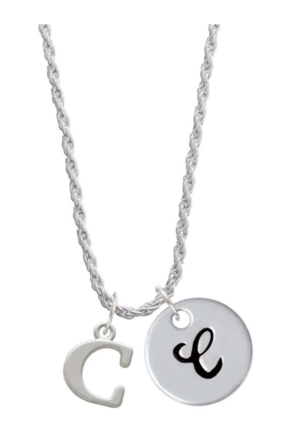 Silvertone Large Initial - C - Silvertone Script Initial Disc - C - Charm Necklace, 20"+3"