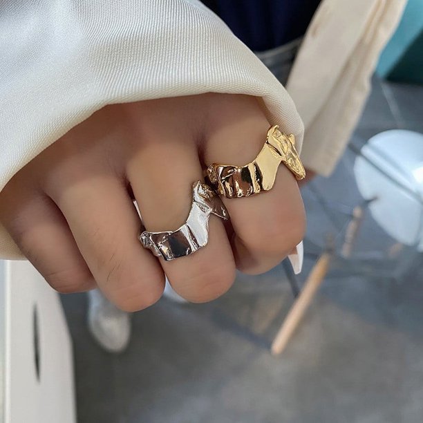 Anillo de banda abierta para mujeres y niñas, plateado, vintage, martillado, geométrico, irregular, grueso, cola gruesa, anillos de dedo, simple, retro, 2 piezas oso de fresa Electrónica