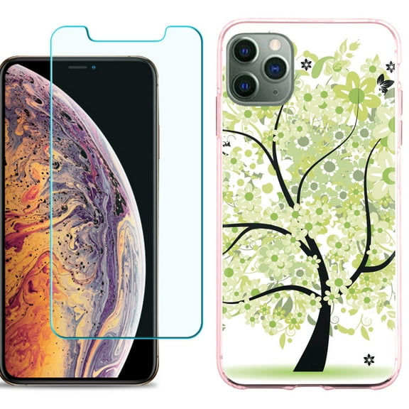 For Apple iPhone 11 Pro Max Case , Slim-Fit TPU Protective Phone Case (Pink Bezel) with Tempered Glass Screen Protector, by OneToughShield ® - Green Tree