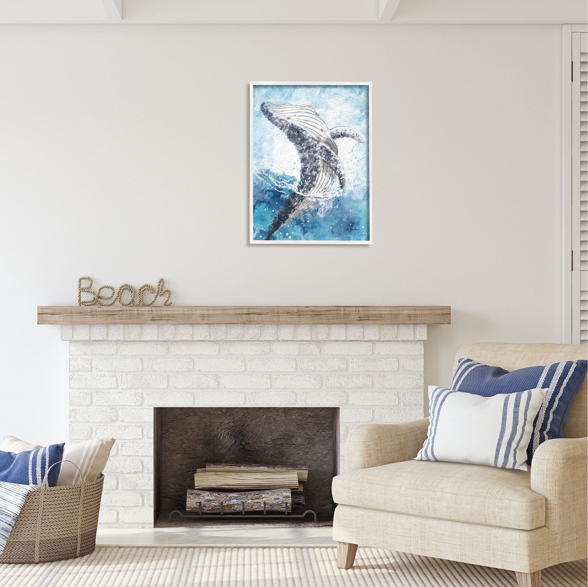 Stupell Industries Splashing Marine Whale Animals & Insects Painting White Framed Art Print Wall Art, 24 x 30