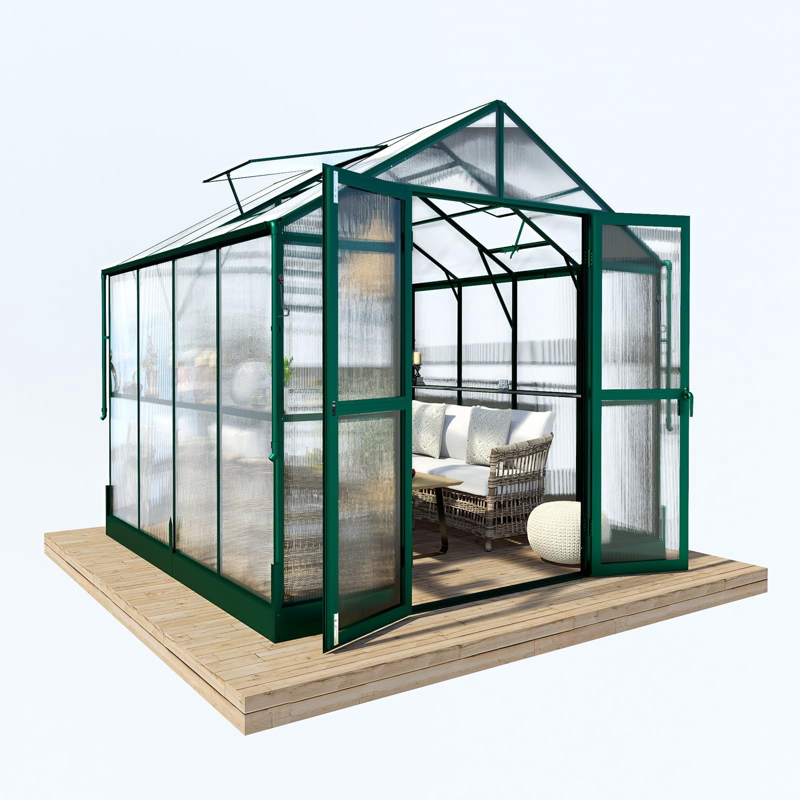 Jocisland 8x8x7.5 ft Outdoor Aluminum Polycarbonate Walk in Greenhouse with Ventilation and Rain Gutter, Double Doors with Hook, for Outdoors(Green)