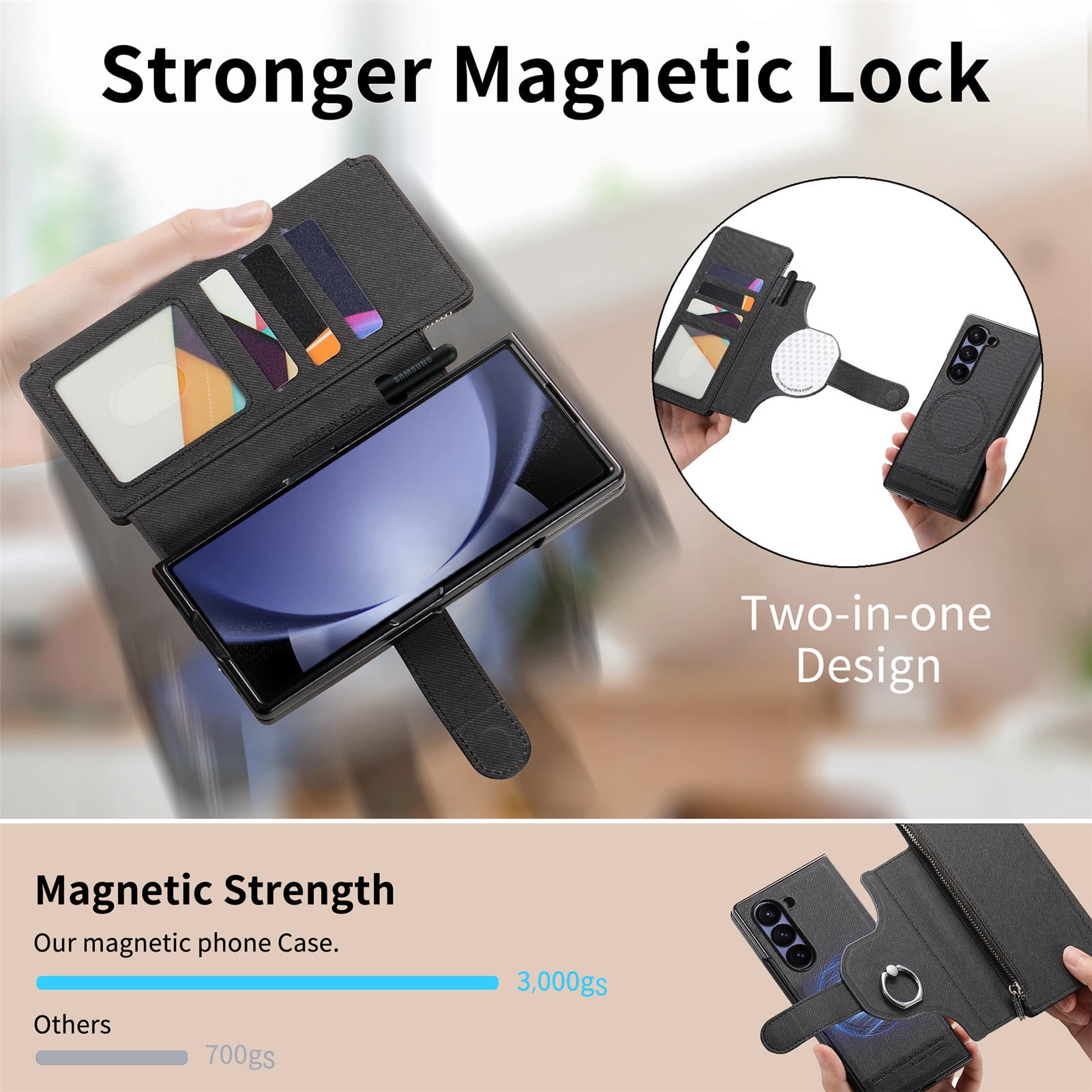 For Samsung Galaxy Z Fold 6 Phone Case,2-in-1 Magnetic Detachable Flip,Flip Folding Kickstand,With Card Slots,Zipper Pocket,Ring Holder,Fit Wireless charging,Shockproof Phone Case,Black