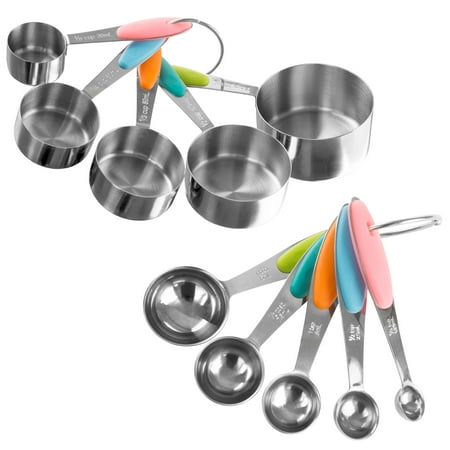 Measuring Cups and Spoons Set, Stainless Steel with Colored Silicone Handles and Metal Ring Hanger for Baking and Cooking by Classic Cuisine, 10