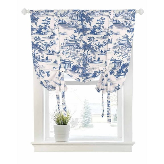 Blue Garden Retro Tie Up Curtains for Window, Thermal Insulated Balloon Shade Adjustable Rod Pocket Curtains Valance Panels for Kitchen Bathroom Cafe 52 x 45 Modern Art Building Tree Boat