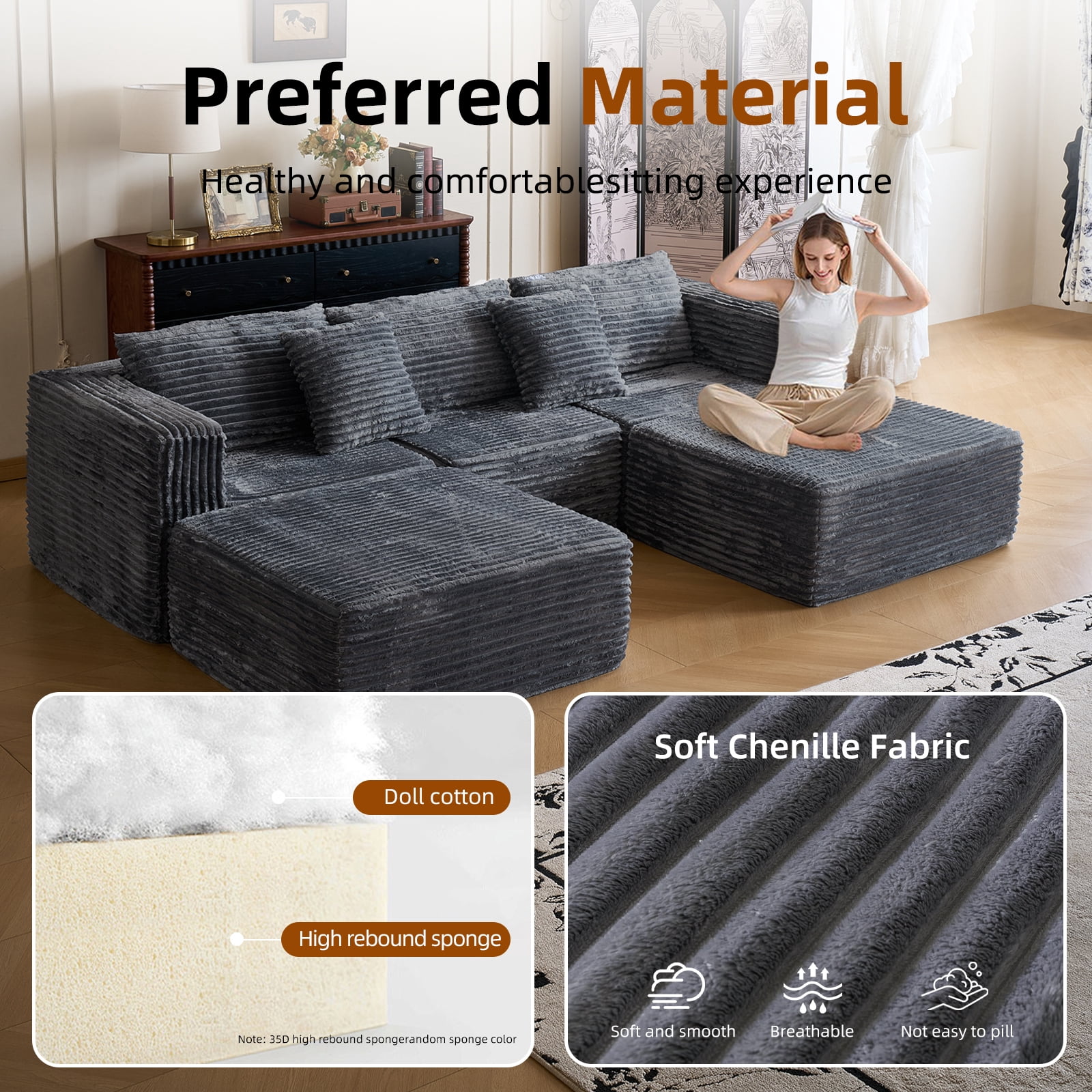 Garaneeds Modular Sectional Sofa for Living Room, 110" Boneless U-Shaped Couch, 5-Seat, Gray