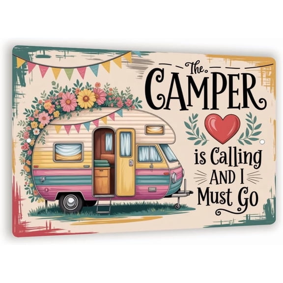 The Camper Is Calling And I Must Go Sign – Vintage Boho RV Wall Art, Floral Retro Trailer Metal Camping Decor 8x12