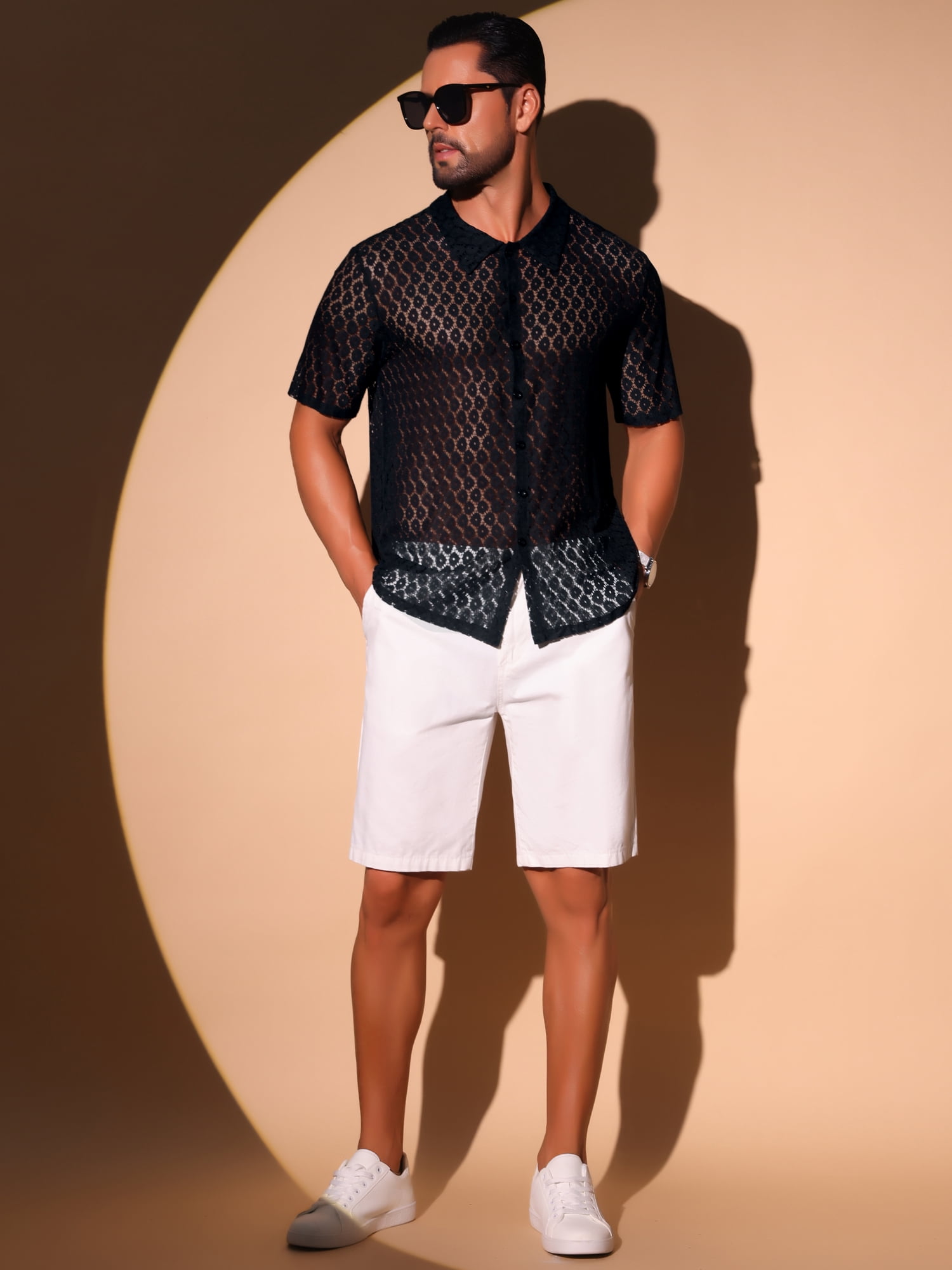 DARING DIVA Men's Sheer Hollow Lace Button Down Disco Party Shirt M Black