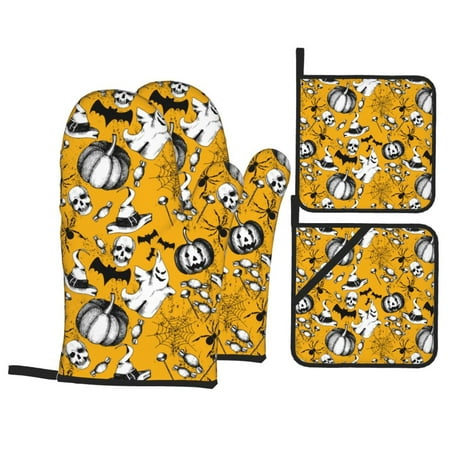 

Oven Mitts and Pot Holders 4 Piece pumpkins halloween hat High Heat Slip Resistant Oven Mitt and Trivets Set Kitchen Oven Glove Pot Holders for Cooking Baking Grilling
