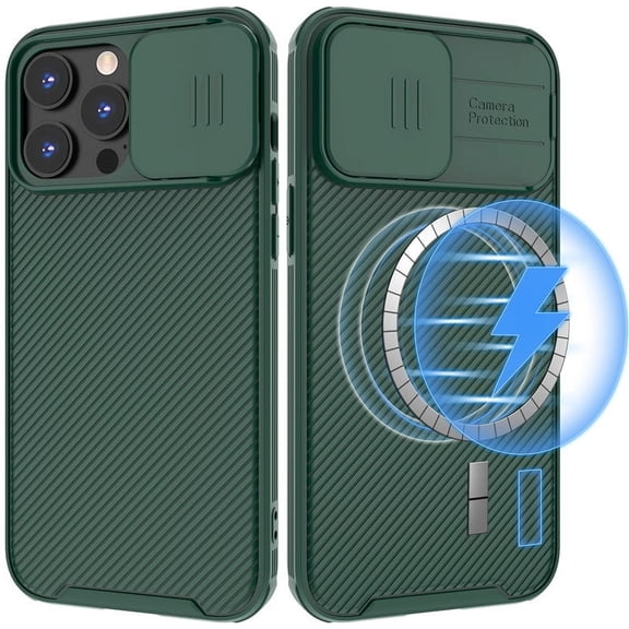 ZHaobin Slide Lens Protection Magnetic PC Phone Cover for iPhone 16 11 12 13 14 15 Pro Max Plus Soft TPU for Magsafe Wireless Back Case (Green,For iPhone 14 ProMax)