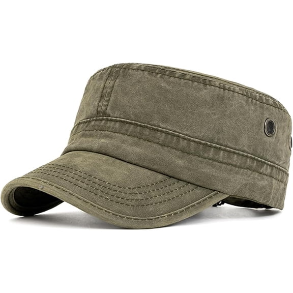 Military Cadet Army Cap for Men Women – Washed Cotton Vintage Adjustable Flat Top Hat