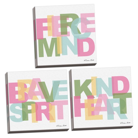 Gango Home Decor Contemporary Brave Spirit, Fierce Mind, & Kind Heart by Susan Ball (Ready to Hang); Three 12x12in Hand-Stretched Canvases
