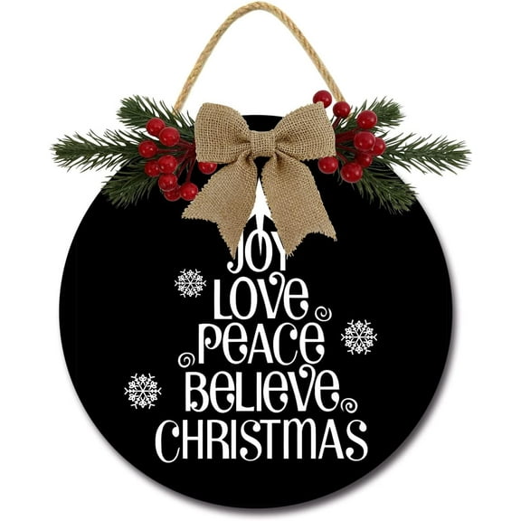 Eveokoki 12" Joy Love Peace Believe Christmas Decoration Door Decor Wooden Hanging Welcome Sign Front Door Christmas Wreath for Home Indoor Outdoor Farmhouse Wall Window Decoration Black