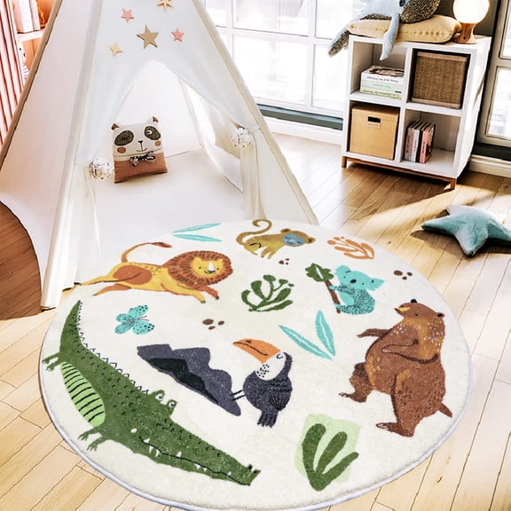 3.3ft Round Rug for Kids Room - Cute Animal Non Slip Plush Area Rug, Super Soft Educational Floor Mat for Playroom Nursery Bedroom, Washable Circle Carpet for Home Decor
