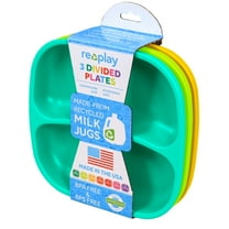 Re-Play Recycled Plastic 3 Pack Plastic Divided Plates - Aqua, Lime Green, Sunny Yellow
