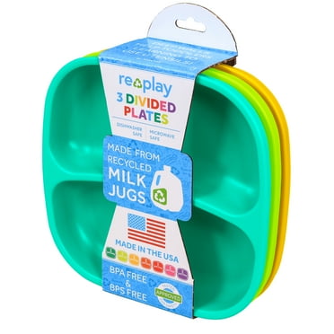 Re-Play Recycled Plastic 3 Pack Plastic Divided Plates - Aqua, Lime Green, Sunny Yellow