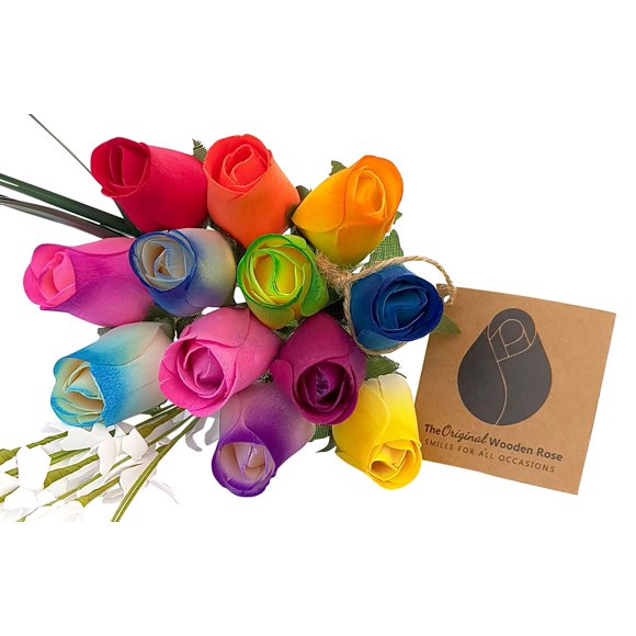 The Original Wooden Rose Assorted Colors Wooden Rose Closed Bud Bouquets 1 Dozen