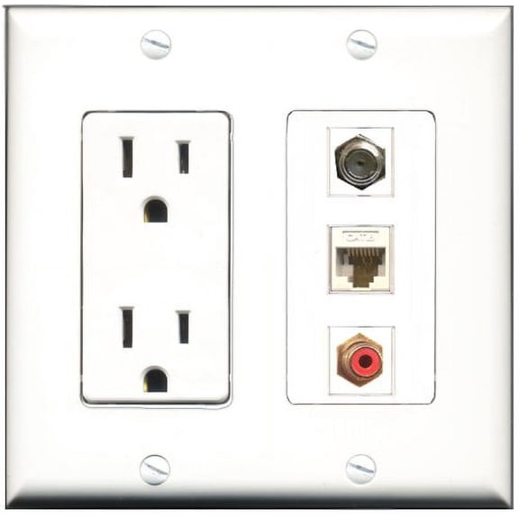 RiteAV - 15 Amp Power Outlet 1 Port RCA Red 1 Port Coax 1 Port Cat6 Ethernet Ethernet White Decorative Wall Plate