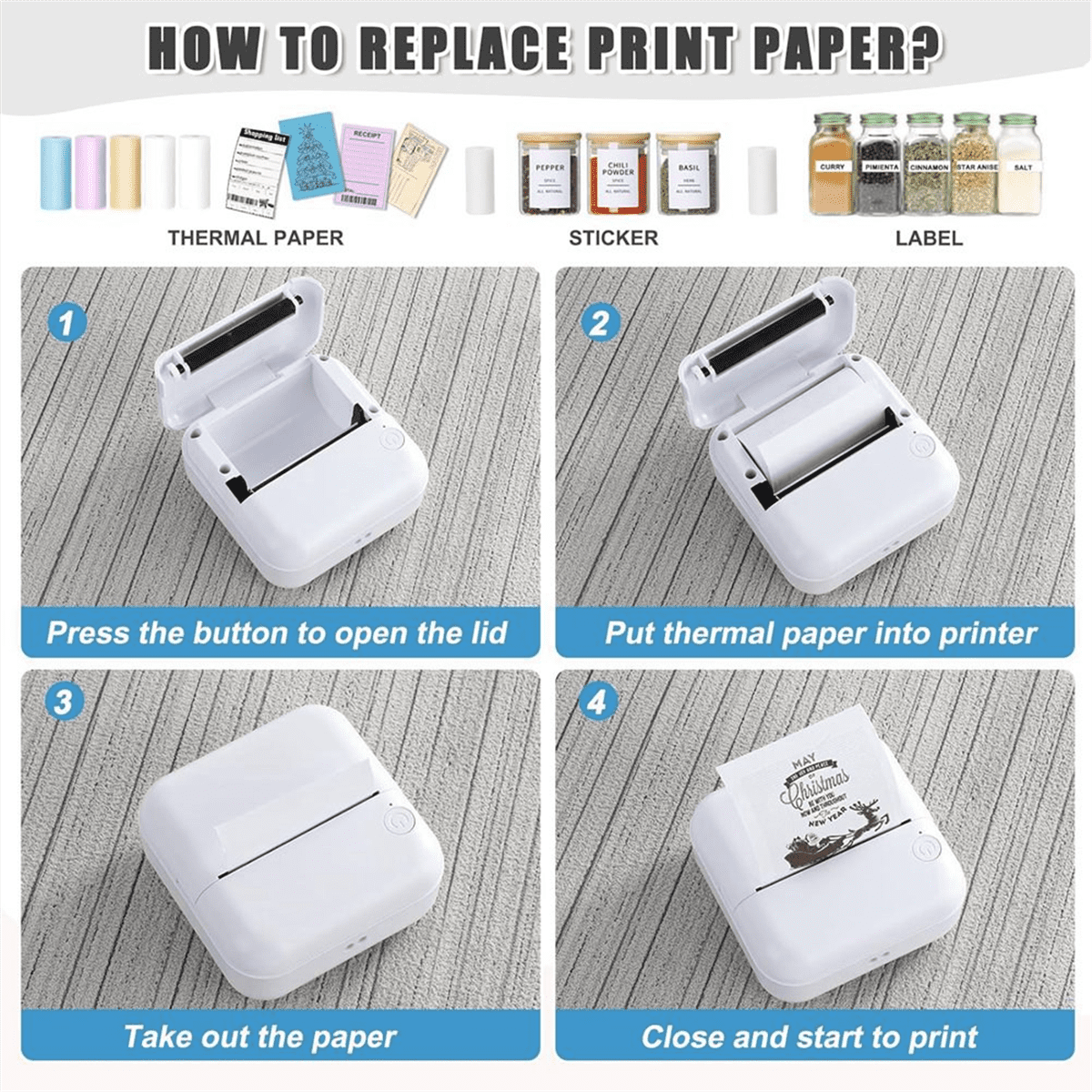 Mini Sticker Printer Bluetooth Thermal Printer with 10 Rolls and Stickers for Picture, Receipt, Notes, Black