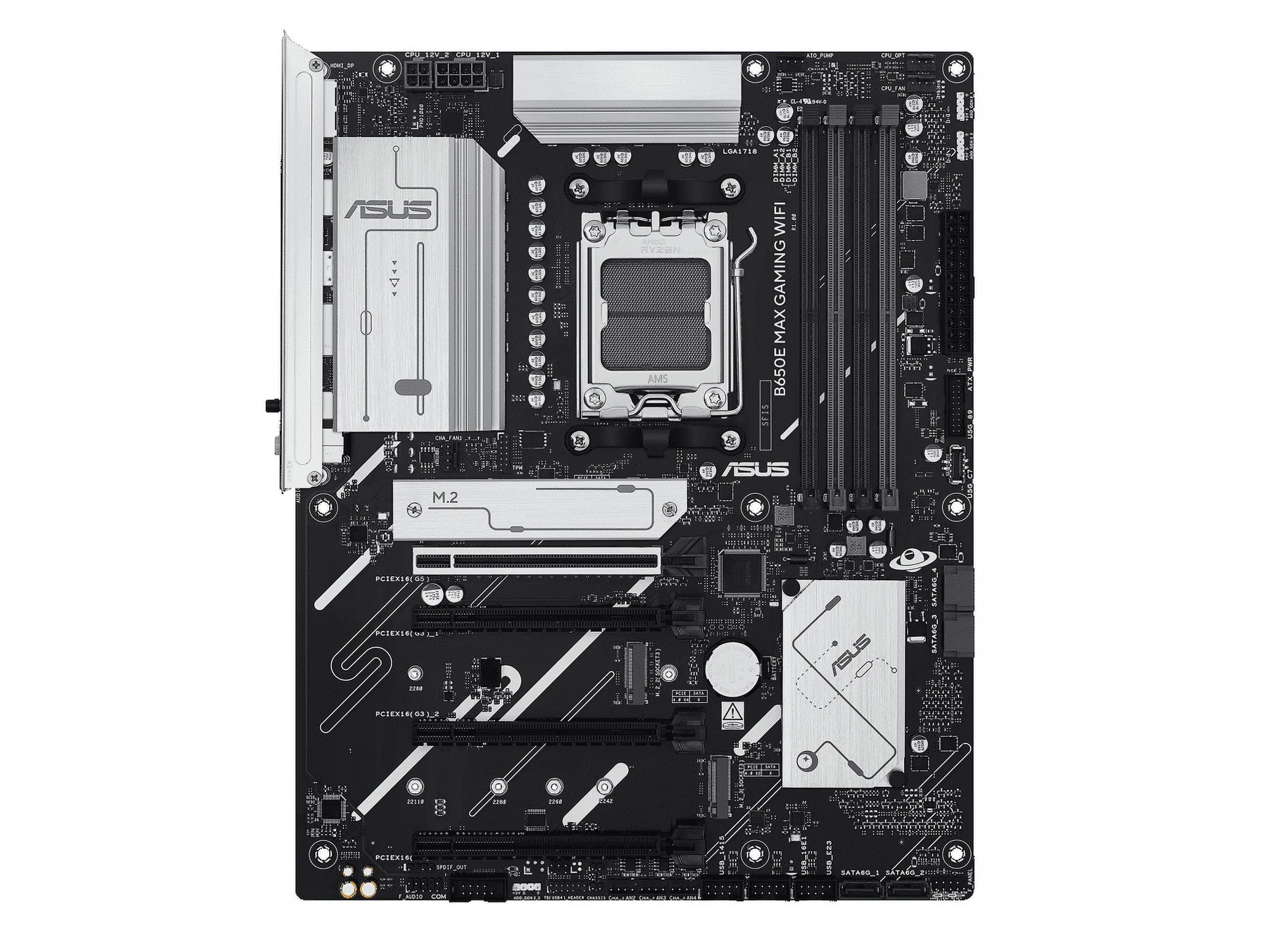 ASUS B650E MAX GAMING WIFI AMD B650 ATX motherboard, DDR5, PCIe 5.0 Ready, 3x M.2 slots, Wi-Fi 6E, Realtek 2.5Gb Ethernet, DisplayPort, HDMI, USB 10Gbps Type-A & Type-C, BIOS FlashBack, Aura Sync