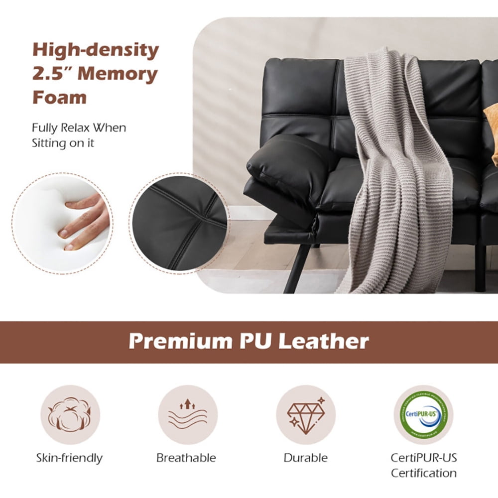 Finihen Sofa Bed, Convertible Memory Foam Couch Bed, Convertible Memory Foam Futon Sofa Bed with Adjustable Armrest, for Living Room, Black