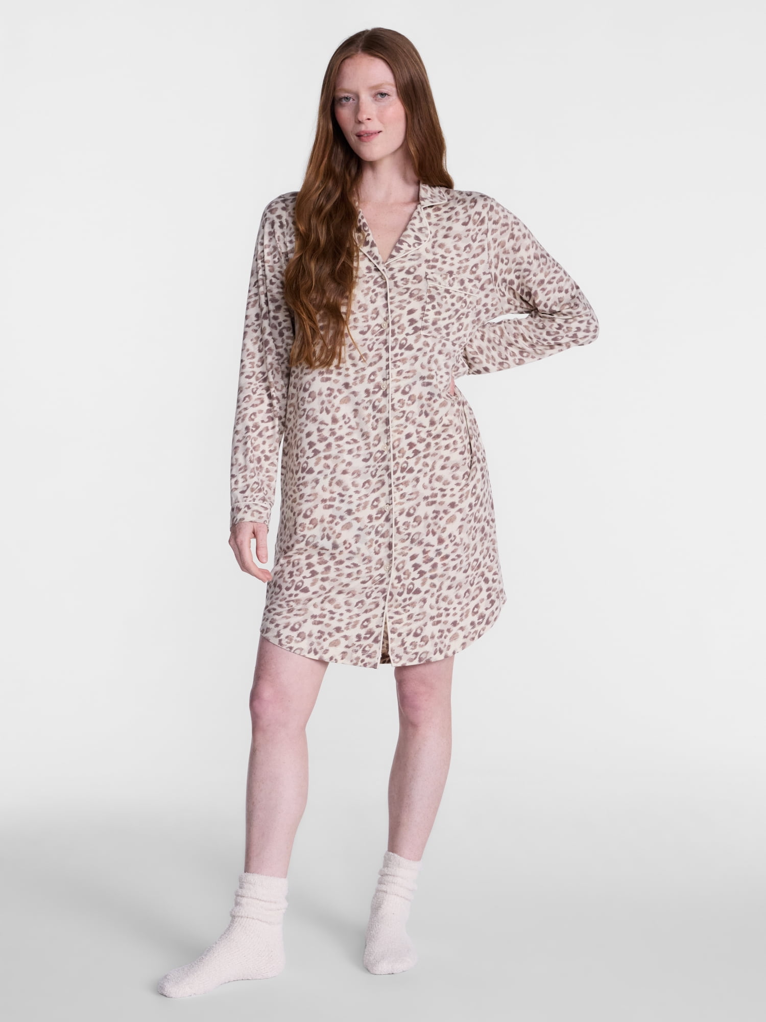 Joyspun Women's Dreamy Soft Collection Notch Collar Sleepshirt with Long Sleeves, Sizes XS-3X