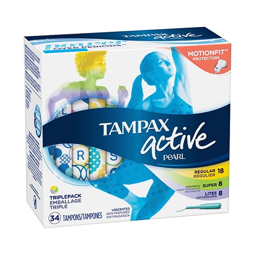 Tampax Pearl Active Plastic Tampons Triple Pack Light, Regular, Super Absorbency Unscented, 34