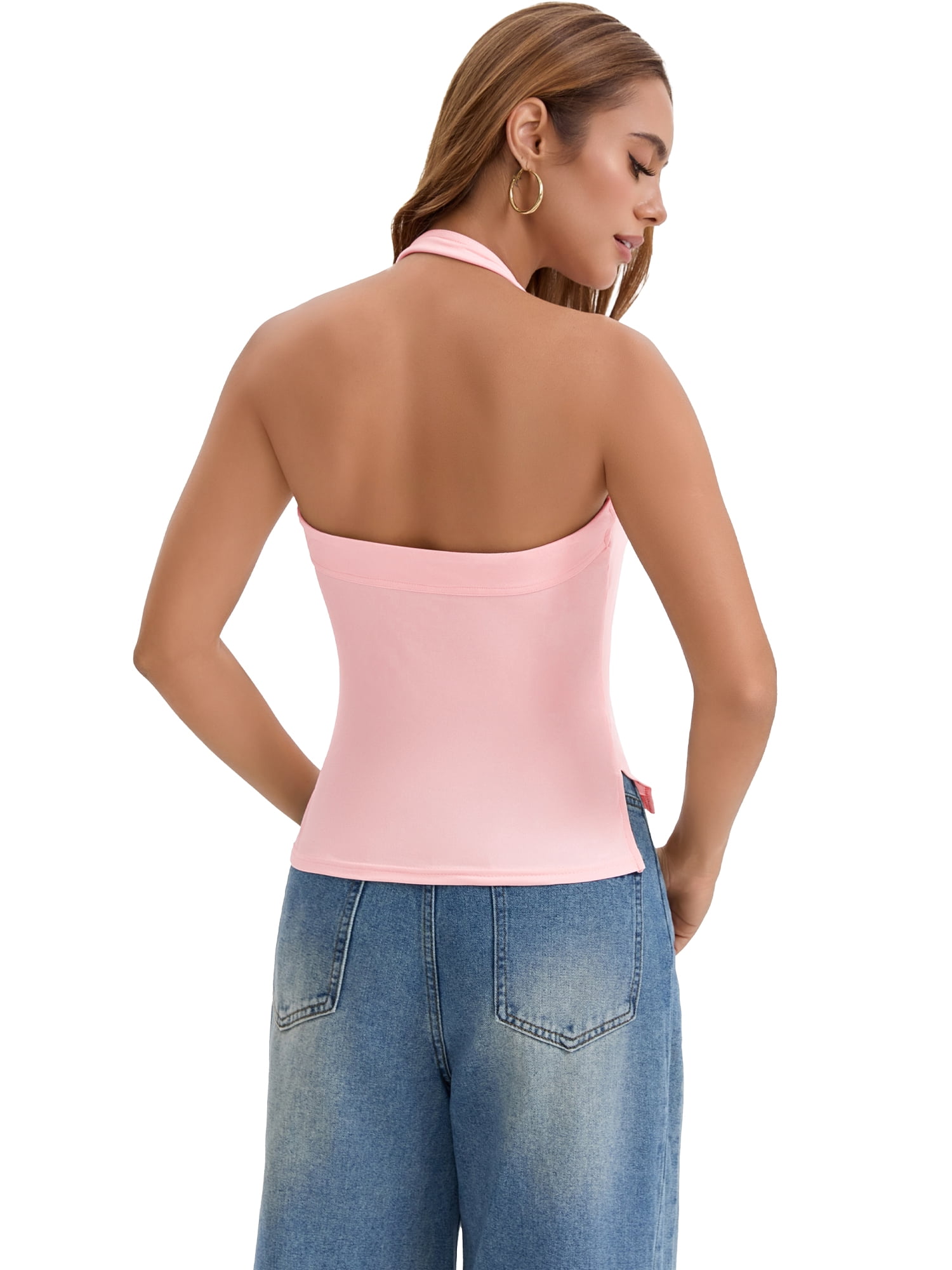 DARING DIVA Women's Halter Tank Top Sleeveless Square Neck Fitted Summer Top L Pink