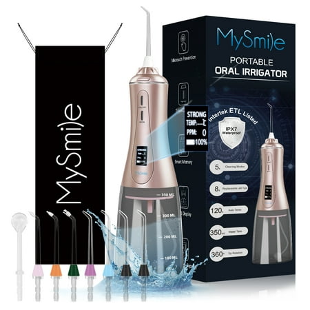 MySmile LP201 OLED Cordless Water Flosser for Teeth Braces, Gums, Dental Hygiene, 350ml Large Tank, Portable Power Oral Irrigator, 5 Modes, 8 Jet Tips, Rose Gold