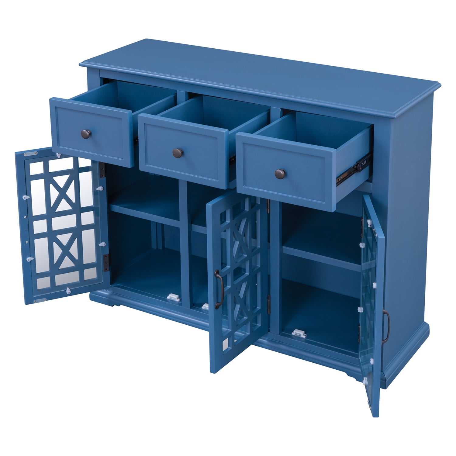 Kadyn 35.4" Wood Storage Cabinet, Modern Console Table with 3 Doors, 3 Drawers and Interior Shelf, Solid Wood Entryway Storage Cabinet for Kitchen Living Room, Dark Blue Kadyn 35.4" Wood Storage Cabinet, Modern Console Table with 3 Doors, 3 Drawers and Interior Shelf, Solid Wood Entryway Storage Cabinet for Kitchen Living Room, Dark Blue
