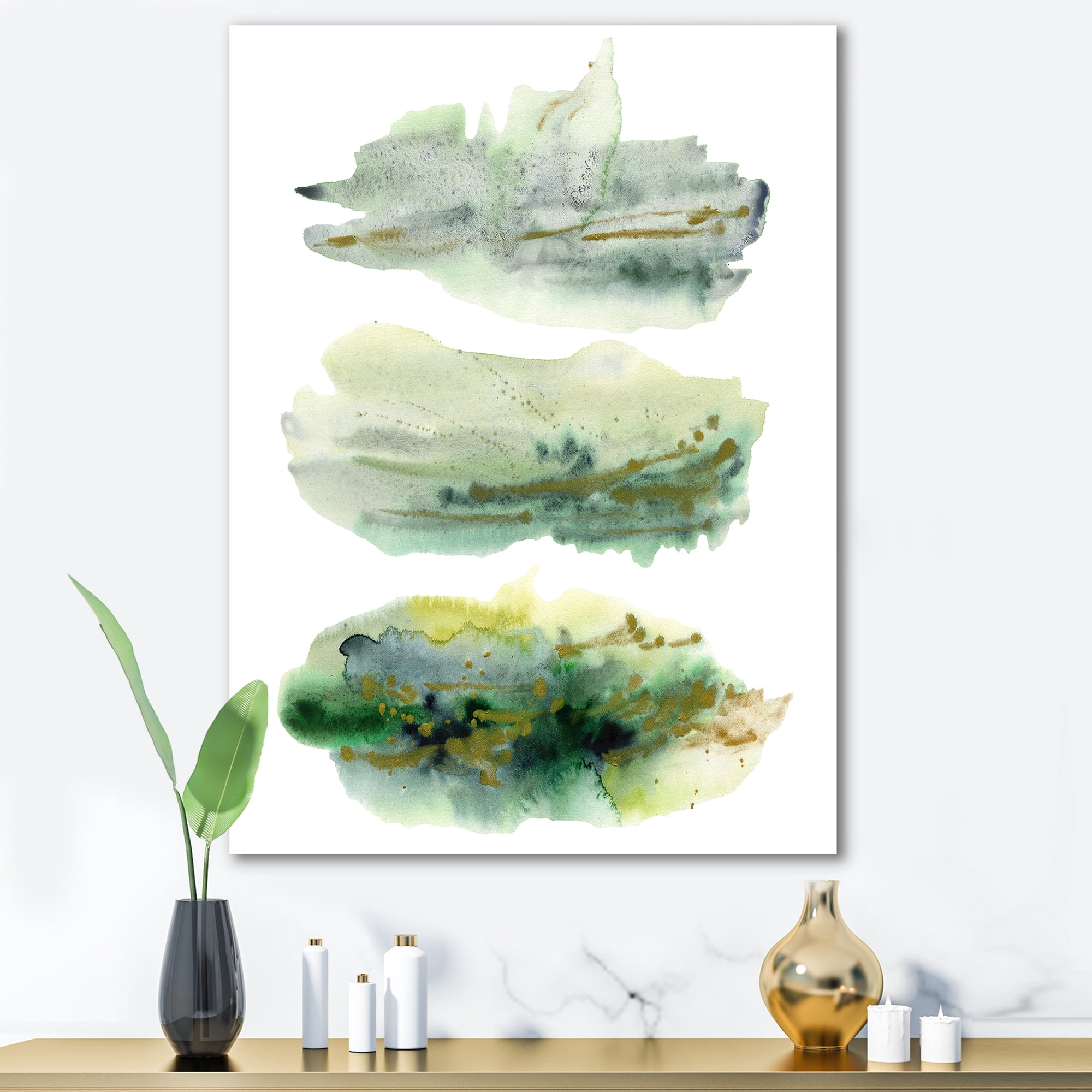 Designart ' Golden Green Abstract Clouds II ' Modern Canvas Wall Art Print