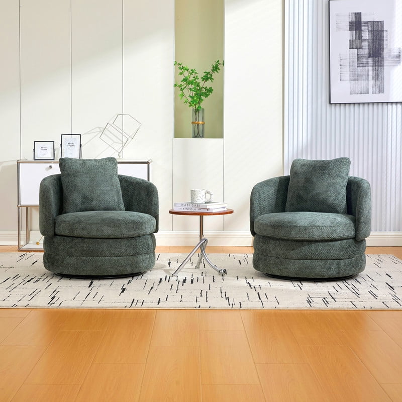 360° Modern Swivel Barrel Accent Chair, Chenille Upholstered Lounge Armchair with Pillow, Comfy Round Sofa Reading Chair for Living Room, Bedroom, Green