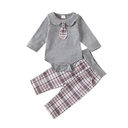 

Honeeladyy Toddler Kids Baby Girls Boys Long Sleeve Solid Romper+Plaid Pants Outfits Gray