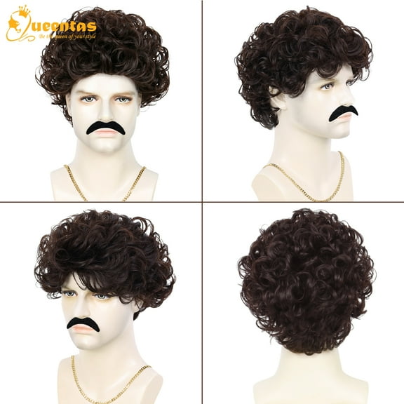 QUEENTAS Mens Wig Short Wigs for Men Synthetic Brown Curly Wigs with Bang Hair Replacement Wig for Cosplay
