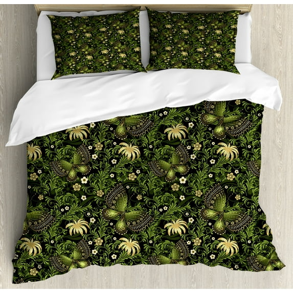Sage Duvet Cover Set King Size, Spring Inspired Ornaments Butterflies Little Blossoms Swirled Leaves Vintage, Decorative 3 Piece Bedding Set with 2 Pillow Shams, Yellow Black Green, by Ambesonne
