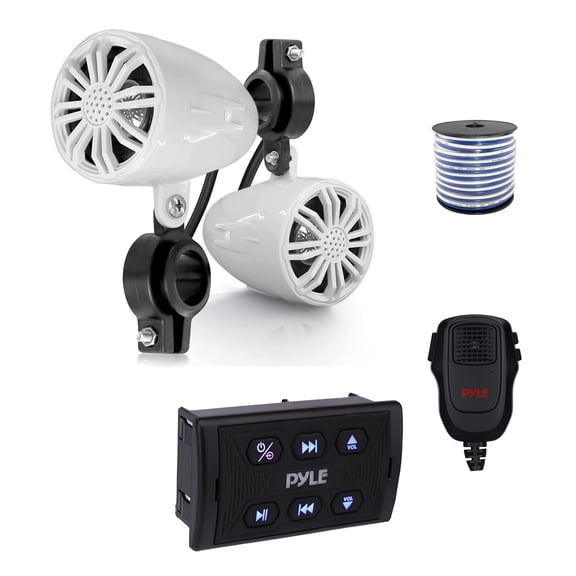 Pyle PLMRSQMIC Marine Wireless Bluetooth Controller w/Handheld Mic, 2x 2.25" 10 Watt Max Marine Waterproof Rated Full Range Off-Road Speakers (White) w/Wire
