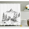 Alaskan Malamute Shower Curtain, Mountain Landscape in Winter Sledding Dogs Pine Trees Wilderness Art, Fabric Bathroom Set with Hooks, 69W X 75L Inches Long, Black and White, by Ambesonne