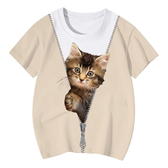 WOYY Girls Cute Cat Graphic Tee Casual Short Sleeve Crew Neck T-Shirt for Kids, Sizes 3-13