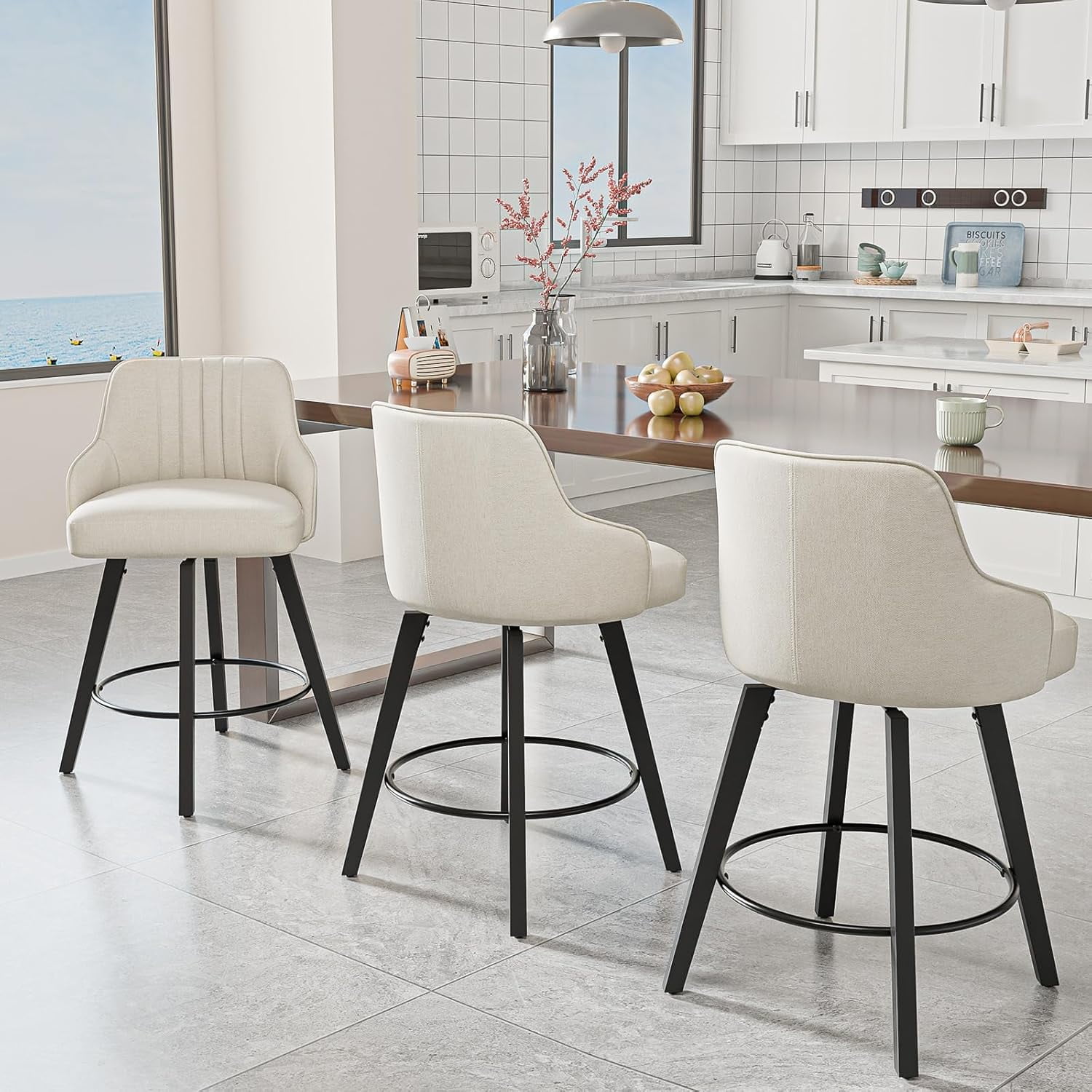 VINGLI 26" H Swivel Barstools Set of 2, PU Leather Upholstered Counter Stool with Back, Kitchen High Chairs Counter Height Bar stools with Cushion, Solid Wood Legs, Black