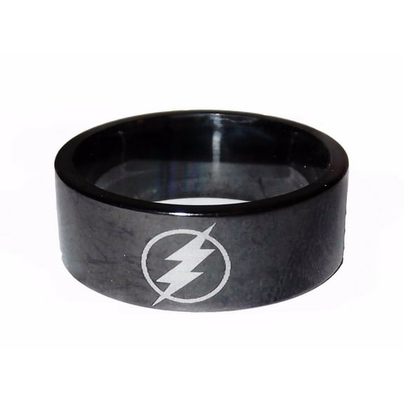 DC Comics The Flash Lightening Bolt Logo Black Stainless Steel Band Ring Size 7