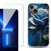 OneToughShield ® for iPhone 13 Shockproof Phone Case, with Tempered Glass Screen Protector - Blue Rose