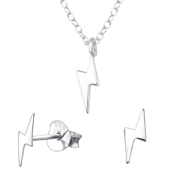 DB Deadbeat Lightning Bolt 925 Silver Necklace & Matching Ear Studs Gift Set for Women & Teens