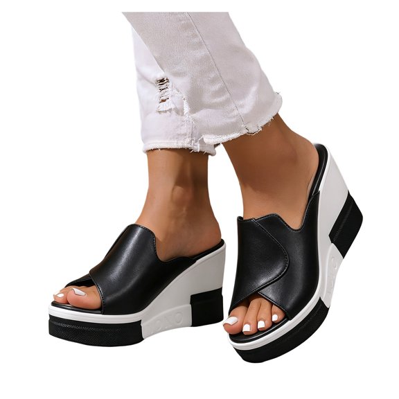 Rokment Color Block Platform Wedge Dressy Slides Sandals for Women Ladies 2026 Fashion Casual Leather Open Toe Chunky Heeled Slip on Backless Dress Pumps Summer Black Size 6
