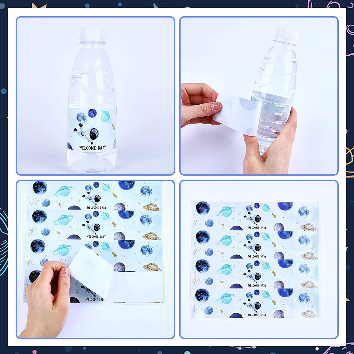 Fangleland 28Pcs Outer Space Baby Shower Water Bottle Labels, Solar System Welcome Baby Water Bottle Wrappers For Gender Reveal Decor - Personalized Astronaut Bottle Label Supplies