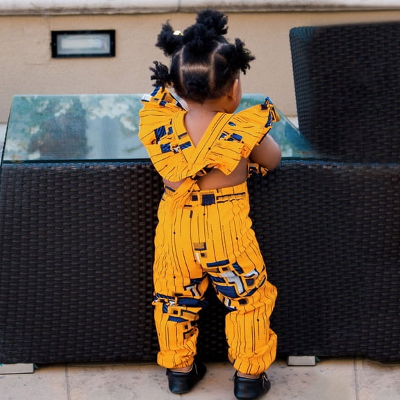 NOKIO Children'S Playsuit, Baby Girl Short Sleeve Jumpsuit, Girls' Cotton Romper Trousers Toddler Girls African Traditional Style Fly Sleeve Romper Ankara Backless Jumpsuit 6M-4Y