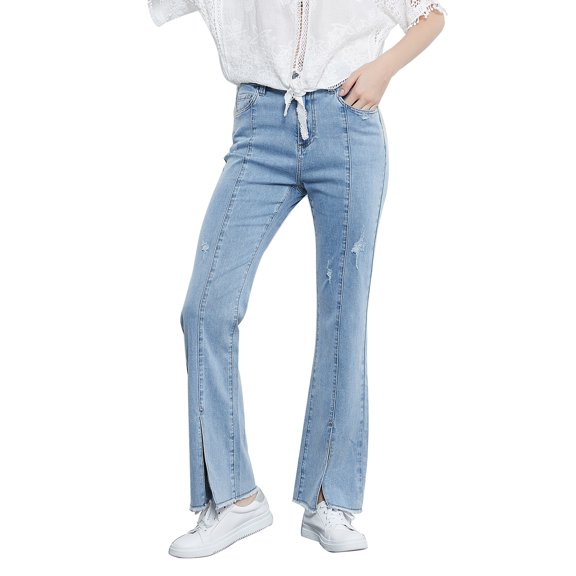 Women's Classic Fit Straight-Leg Spilt Middle Bell Bottom Pants Jean, Light Blue, Medium