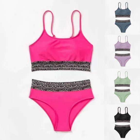 UTSJKR Women's Bikini Sets Leopard Trim 2 Piece High Waisted Swimsuit Scoop Neck Adjustable Spaghetti Straps Bathing Suit Black 14